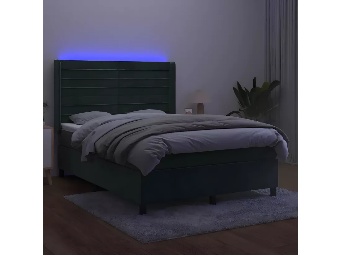 Sommier tapissier matelas et LED Vert foncé 140x200 cm Velours