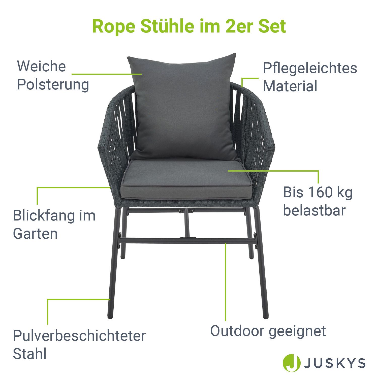 Juskys Rope Stühle 2er Set - mit Seilgeflecht & Polster -wetterfester & bis 160 kg belastbar - Grau