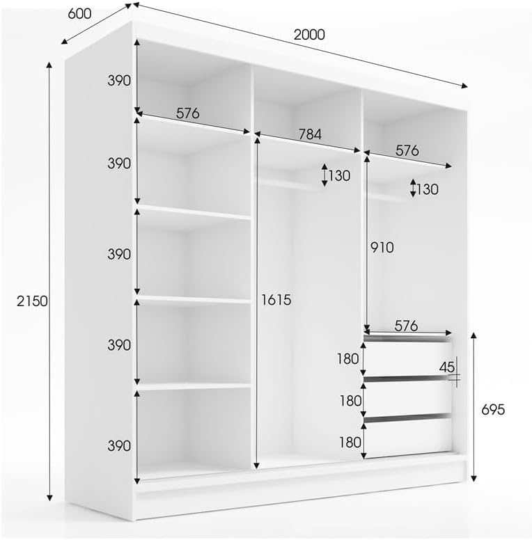 A&J MöbelLand Kleiderschrank Aurelia 1 – Schwebetürenschrank 200 cm breit mit Spiegel, 3-türig, Kleiderschrank mit Schubladen, Schiebetürenschrank für Schlafzimmer oder Garderobe