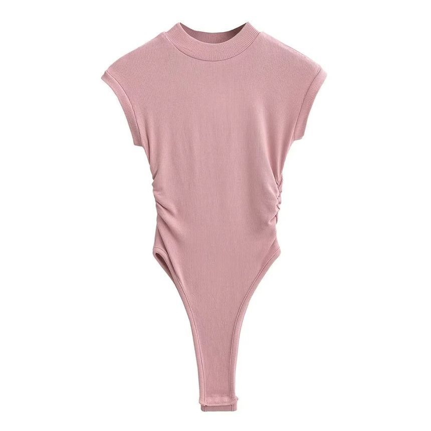 Reknovine - Cap Sleeve Mock Neck Plain Gerimpelde Bodysuit Top