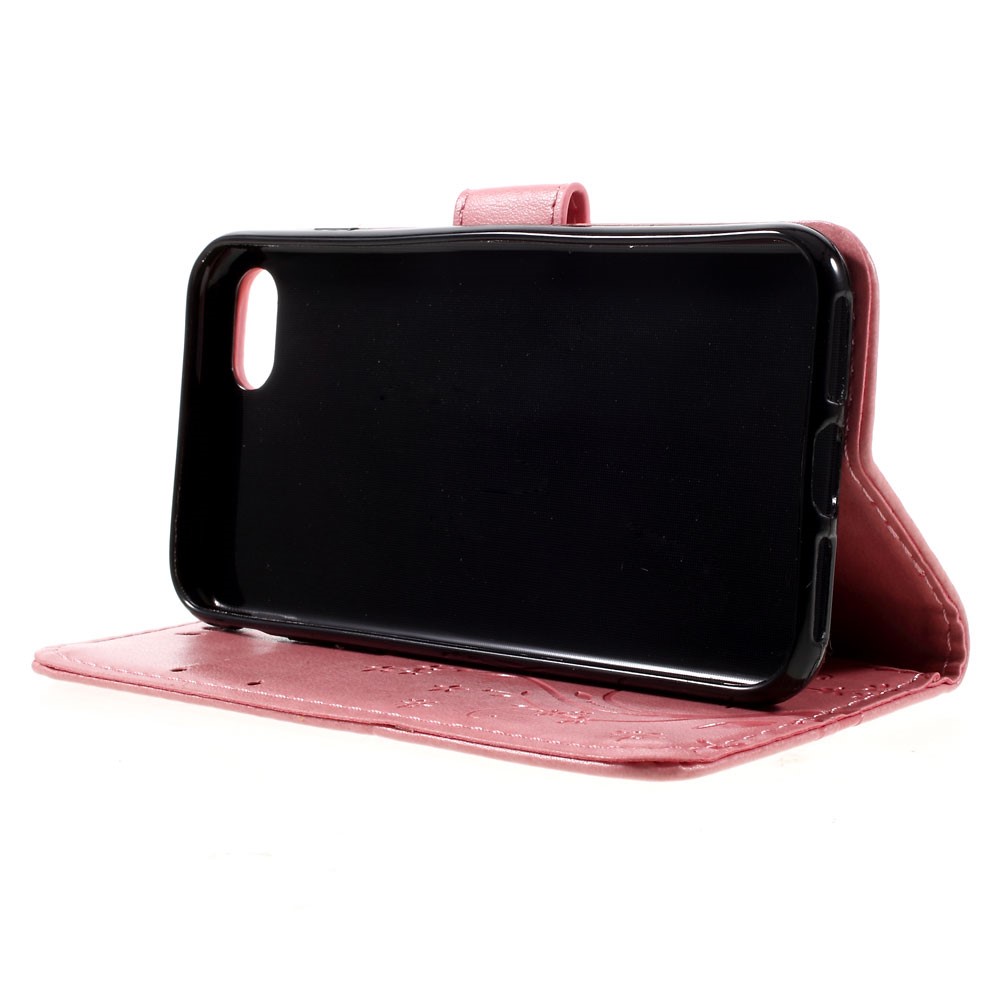 iPhone SE (2022/2020) / 8 / 7 Leder Tasche mit Kartenfach   Handschlaufe Butterfly Flowers - Rosa