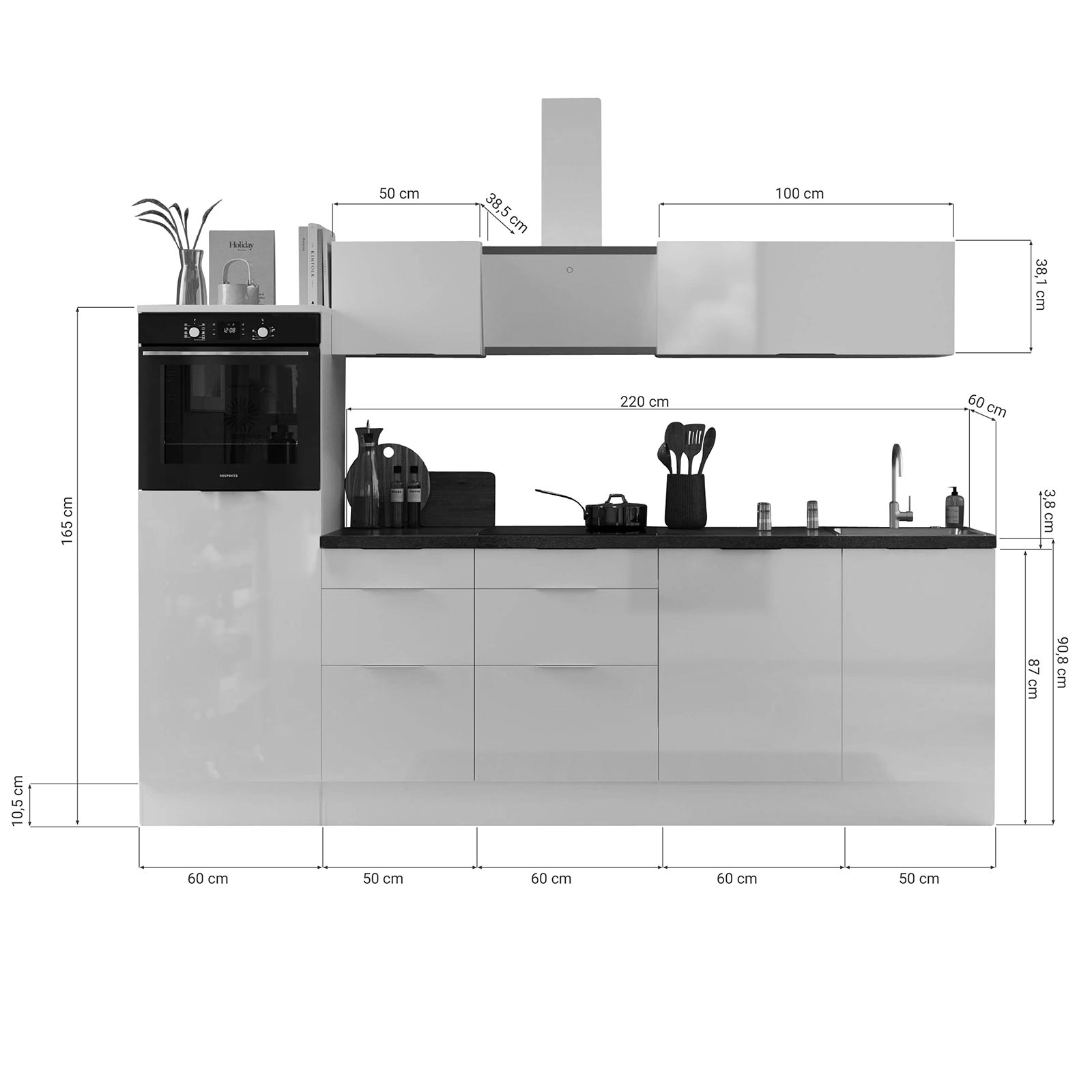 RESPEKTA Küchenblock - grau matt - weiß matt - mit E-Geräten - 280 cm