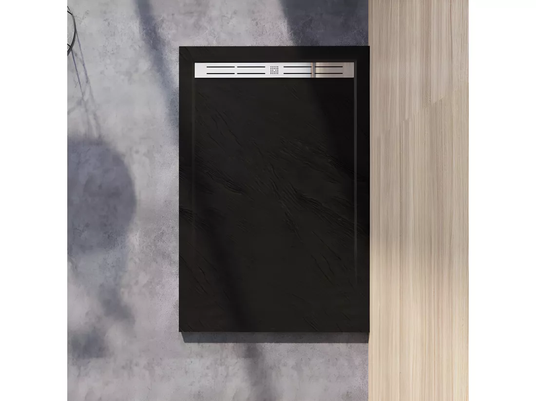 Receveur de douche 120x90cm Extra-plat bac à douche noir, avec grille en inox et bonde de série