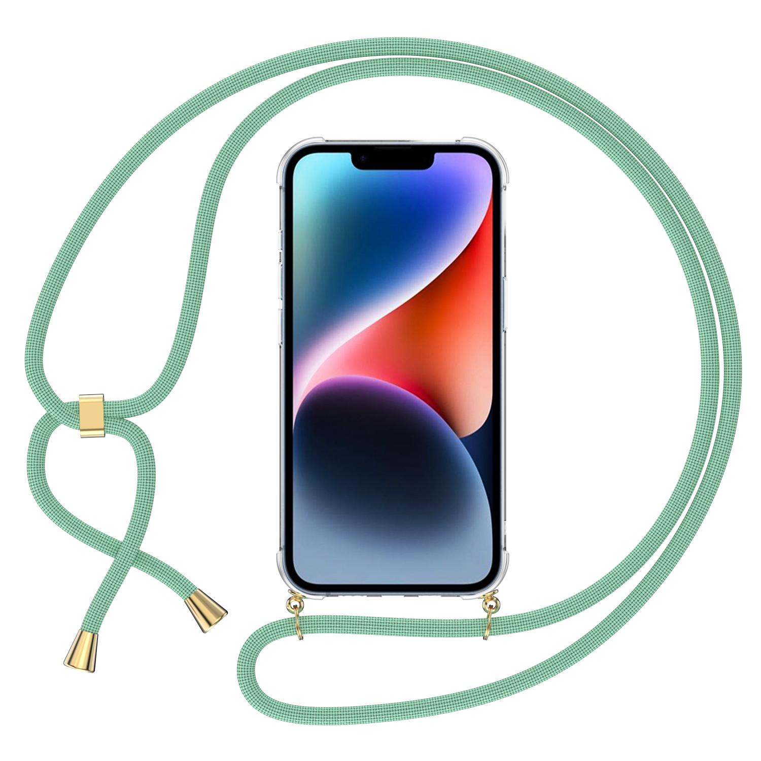 iPhone 14 Necklace Gummi Hülle Air Cushion Fallschutz   Handykette (150cm) - Transparent / Türkis
