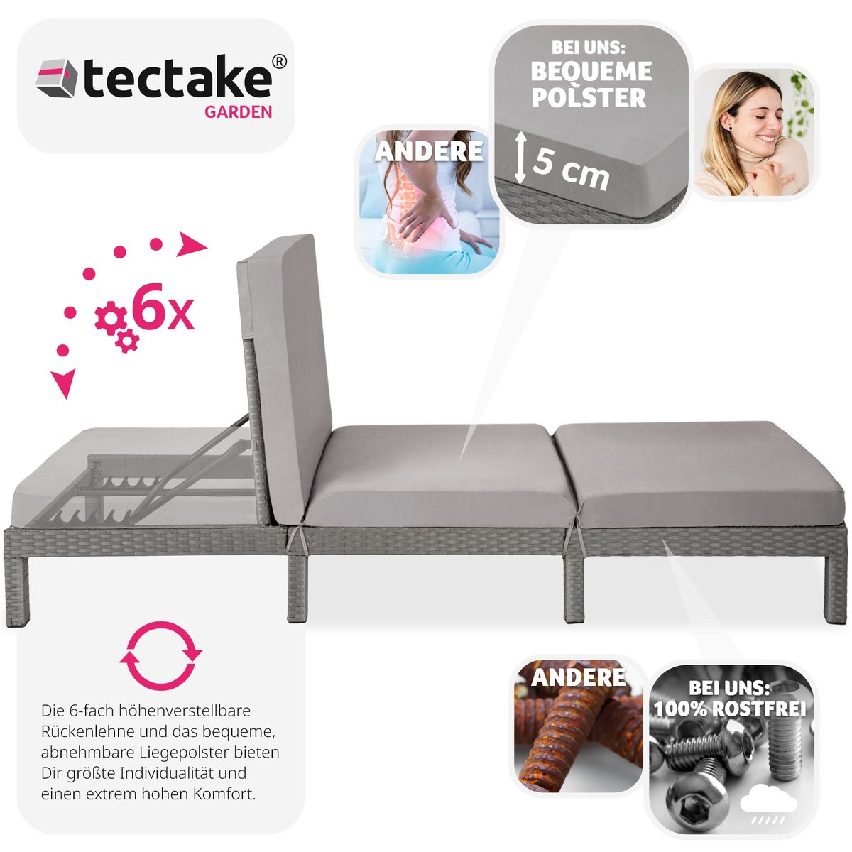 Rotan ligstoel tectake Sofia duurzaam 196 x 66 x 27 cm