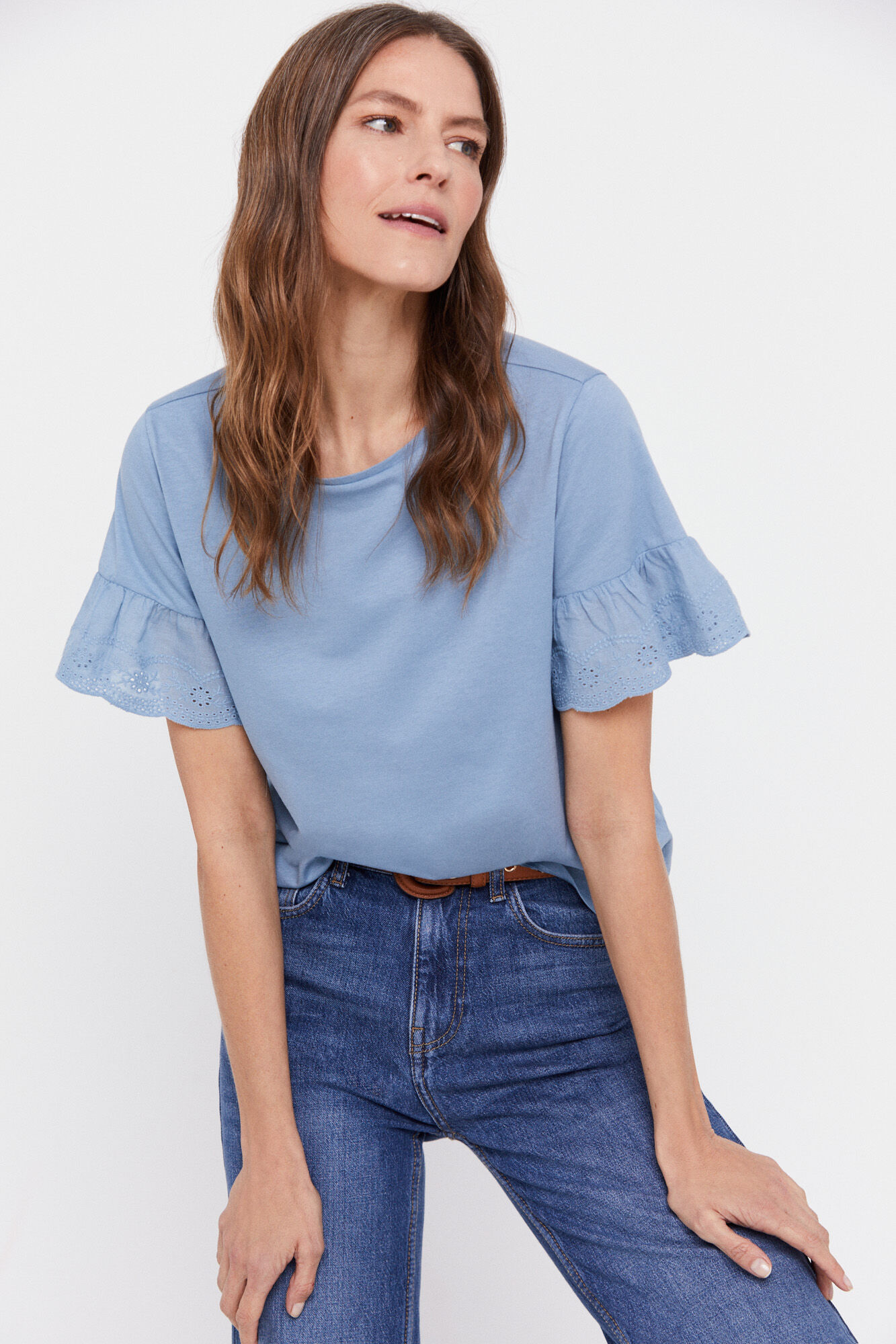 Camiseta combinada bordada em inglês - Azul