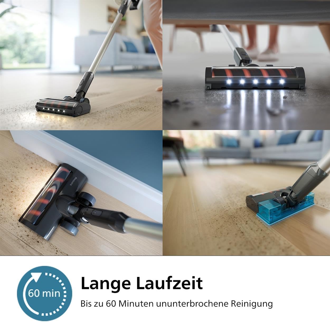 Philips Kabelloser Akku-Staubsauger 3000 Serie Aqua, Staubsaugen und Wischen, Integrierter Handstaubsauger, Leicht 1,5kg, Präzise LED-Düse, 60 Min Laufzeit, Abnehmbarer Akku, PowerCyclone8 (XC3132/01)
