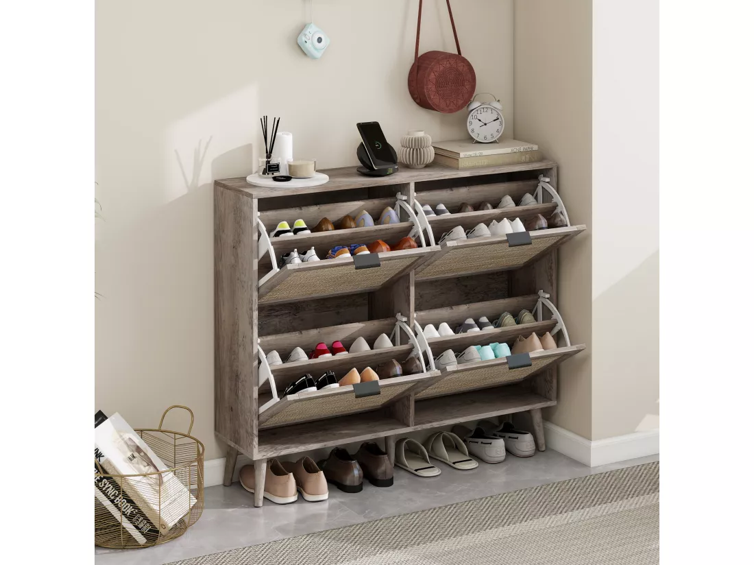 Meuble à chaussures rétro gris à 4 portes, avec look en rotin, double étagère, 105 cm, avec fond arrière, idéal pour couloir et espaces similaires