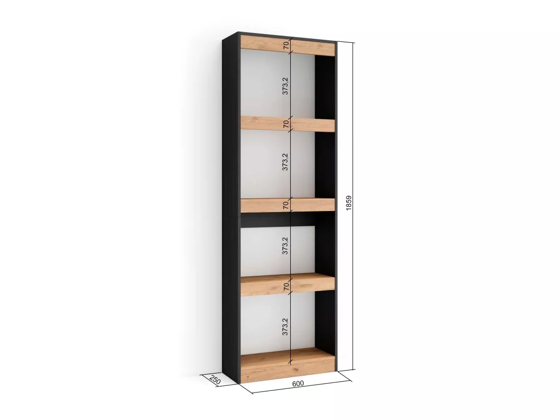 Étagère Bibliothèque, 60x186x25cm, Salon Salle à manger Bureau, Chêne et noir