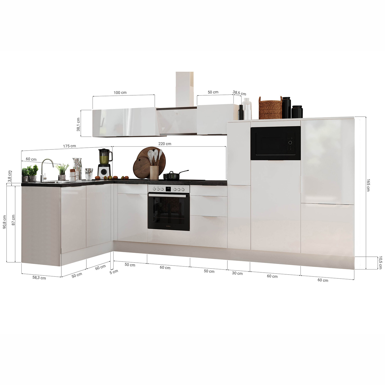 RESPEKTA Winkelküche - Artisan Eiche - grau matt - mit E-Geräten - 370x175 cm