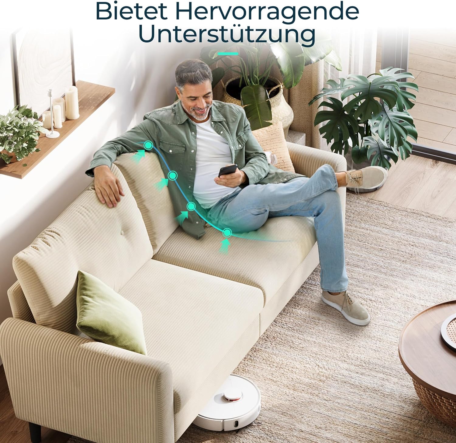 LINSY HOME Sofa 3 Sitzer, 201cm Breit Sofas mit Verstellbarer Sitztiefe, Kleine Sofacouch für Wohnzimmer Schlafzimmer Wohnung Büro