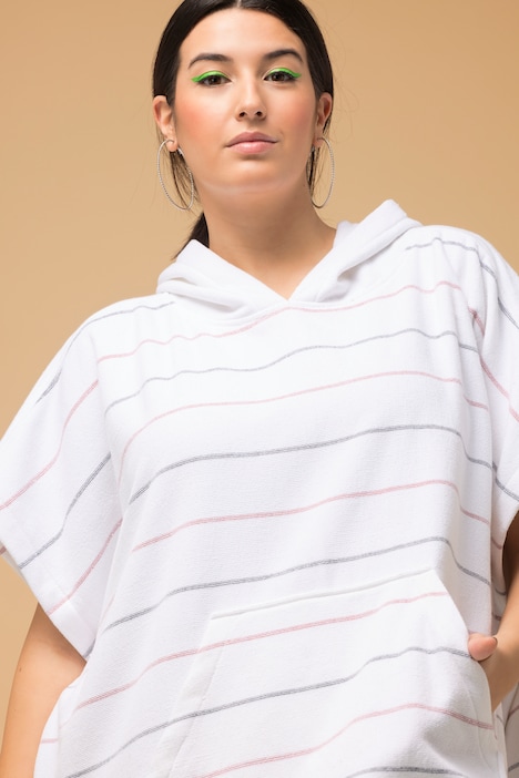 Badeponcho, Boxy Shape, Kapuze, Fransen, Streifen