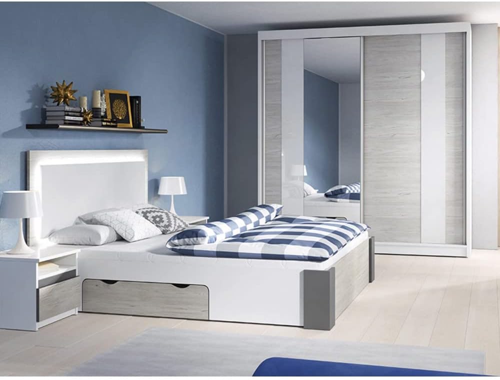 Fabryka Mebli Idźczak Schlafzimmer-Set Komplett - Helios II 180 Bettgestell - Kleiderschrank mit Spiegel, 2X Nachttisch - Innovativ, Stilvoll, Modern - Weiß/Kathult+Grau - Set ohne Matratze