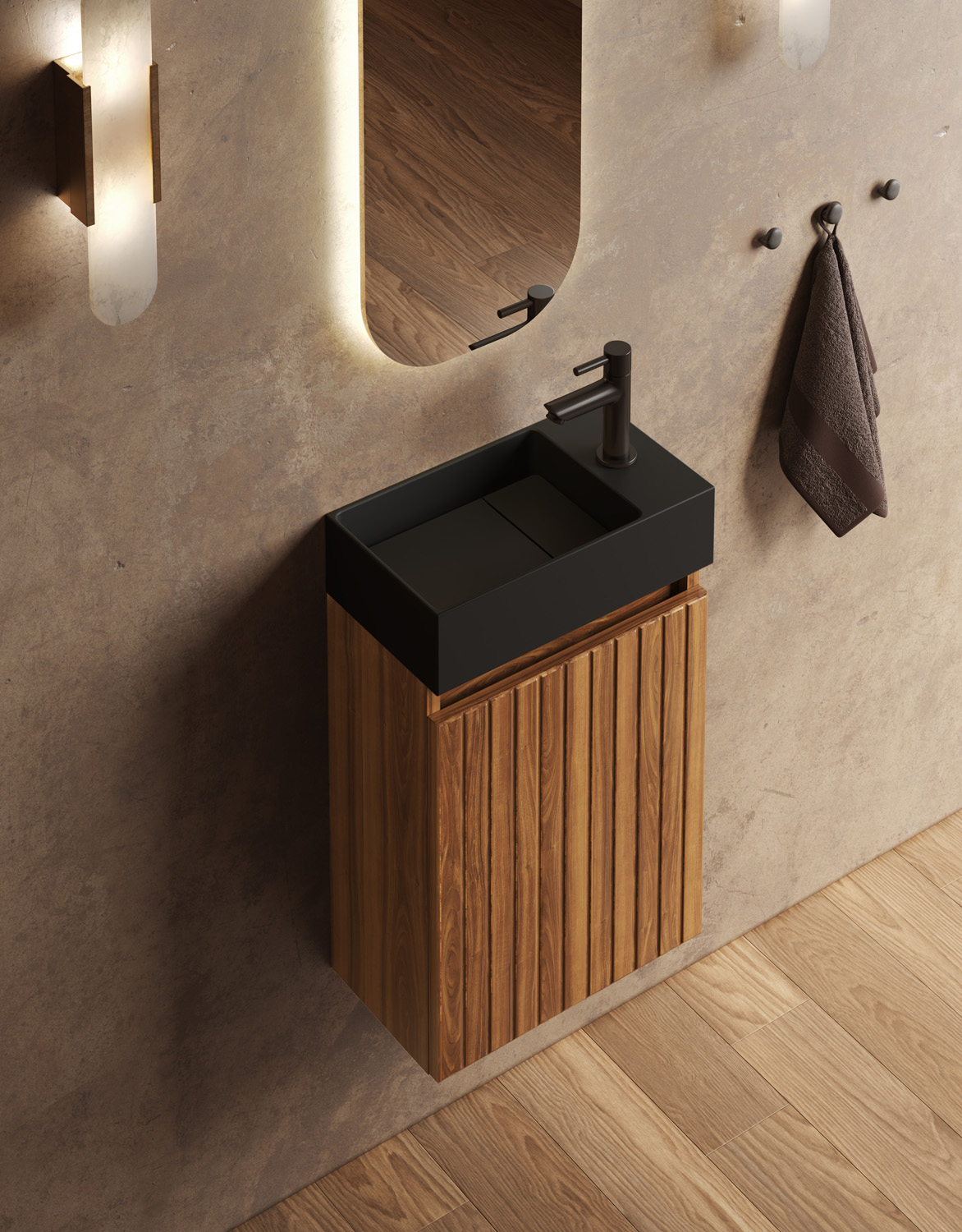 Fontana Itsie toiletmeubel walnoot ribbelfront 40cm met fontein in mat zwart