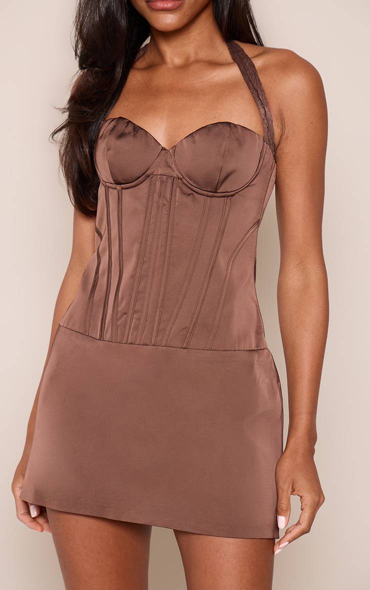 Chocolat Robe Mini Corset Bustier En Satin Avec Dentelle Et Décolleté Cœur