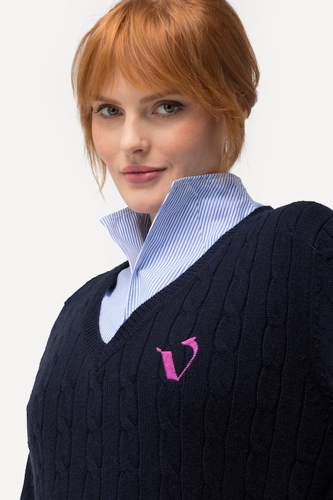Pullover, Zopfmuster, V-Ausschnitt, Langarm