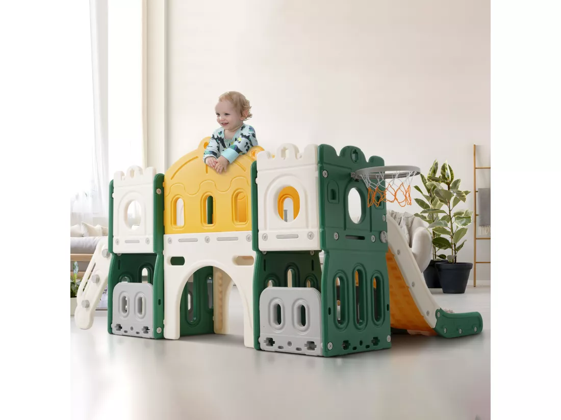 Toboggan pour enfants 6 en 1 - Avec panier de basket, toboggan, tour d'escalade, en PEHD (balles de mer non exclues) - Vert