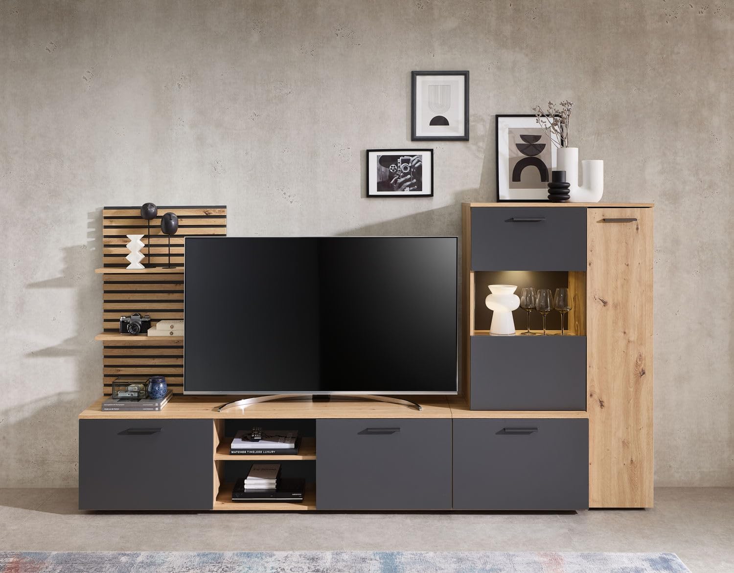moebel-dich-auf Wohnwand Anbauwand Wohnzimmer-Set Ancona in Artisan Eiche Nb. / anthrazit, Wandboard + Lowboard + Vitrine (BxHxT) 250x135x38 cm