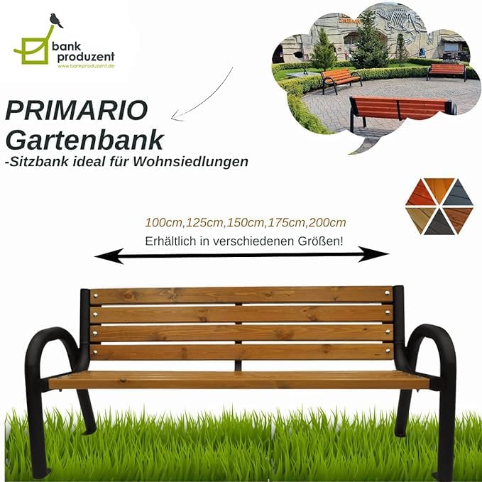 Gartenbank, Parkbank Holz - Gartenmöbel, Outdoor Bank mit 350kg Tragfähigkeit - Sitzbank Wetterfeste, Design Skandinavische (Primario Helle Eiche, 175 cm - Gesamtlänge der Bank, CE)