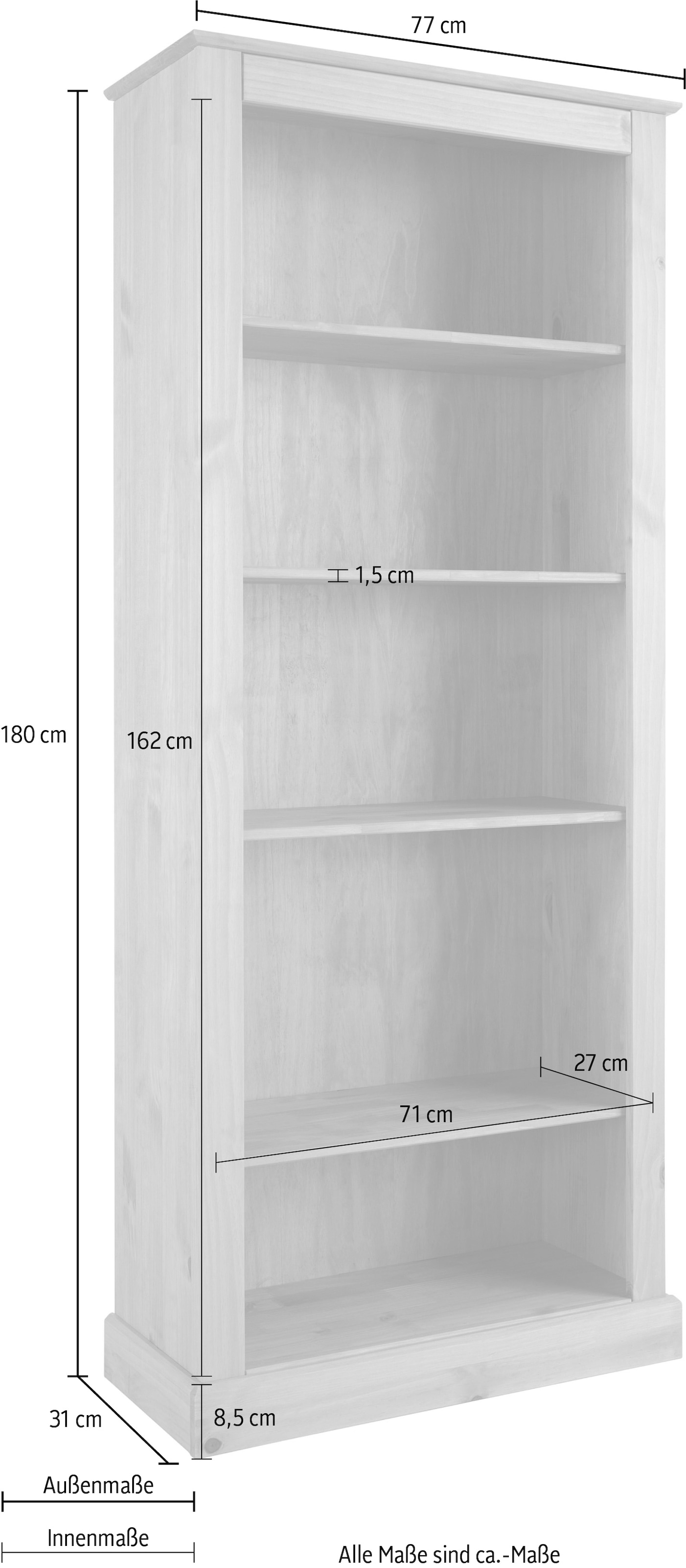 Home affaire Bücherregal »Liotta« mit 4 verstellbare Einlegeböden, aus massivem Kiefernholz