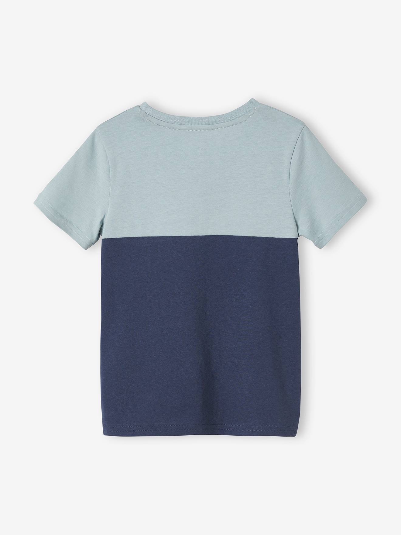 Camiseta infantil masculina de manga curta com blocos de cores, lisa na cor laranja média com estampas.