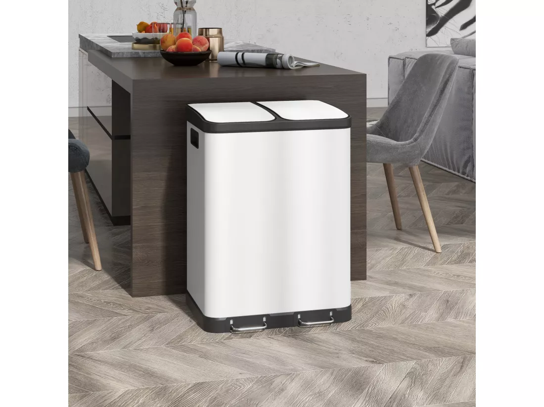 Poubelle de cuisine 2 x 30L - poubelle à pédale 2 compartiments seaux amovibles - acier inox. blanc