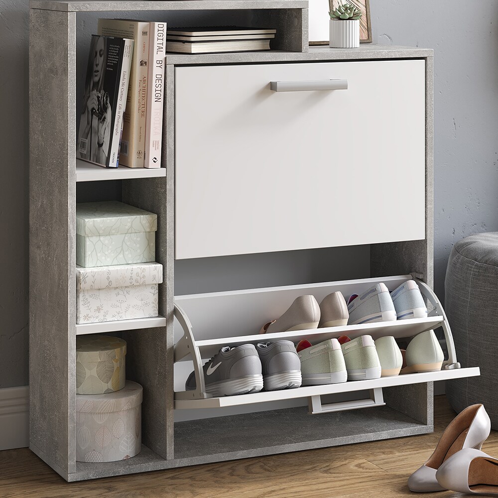 Vicco Schuhkipper Orlando 2 Fächer Weiß-Beton - Schuhregal Schuhschrank Schrank Kommode Flur Diele Garderobe