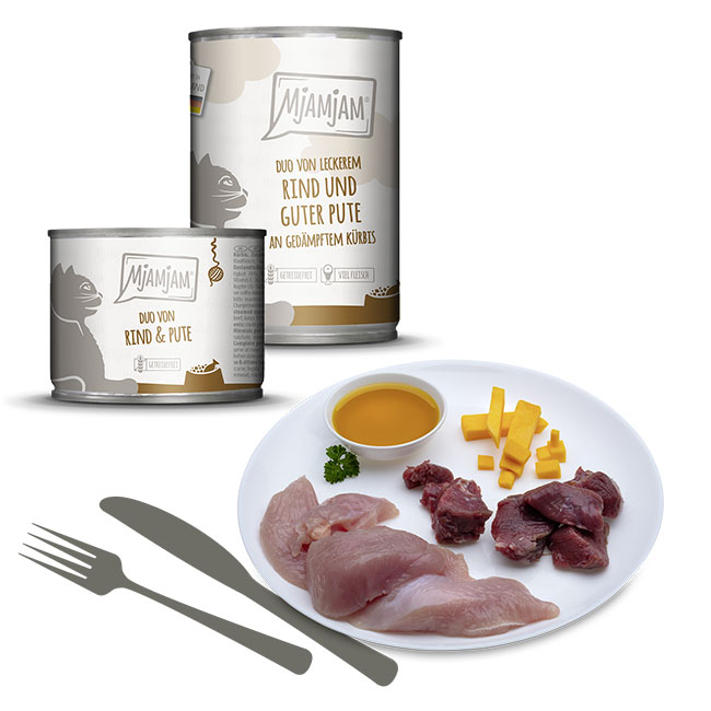 DUO von leckerem Rind & guter Pute an gedämpftem Kürbis