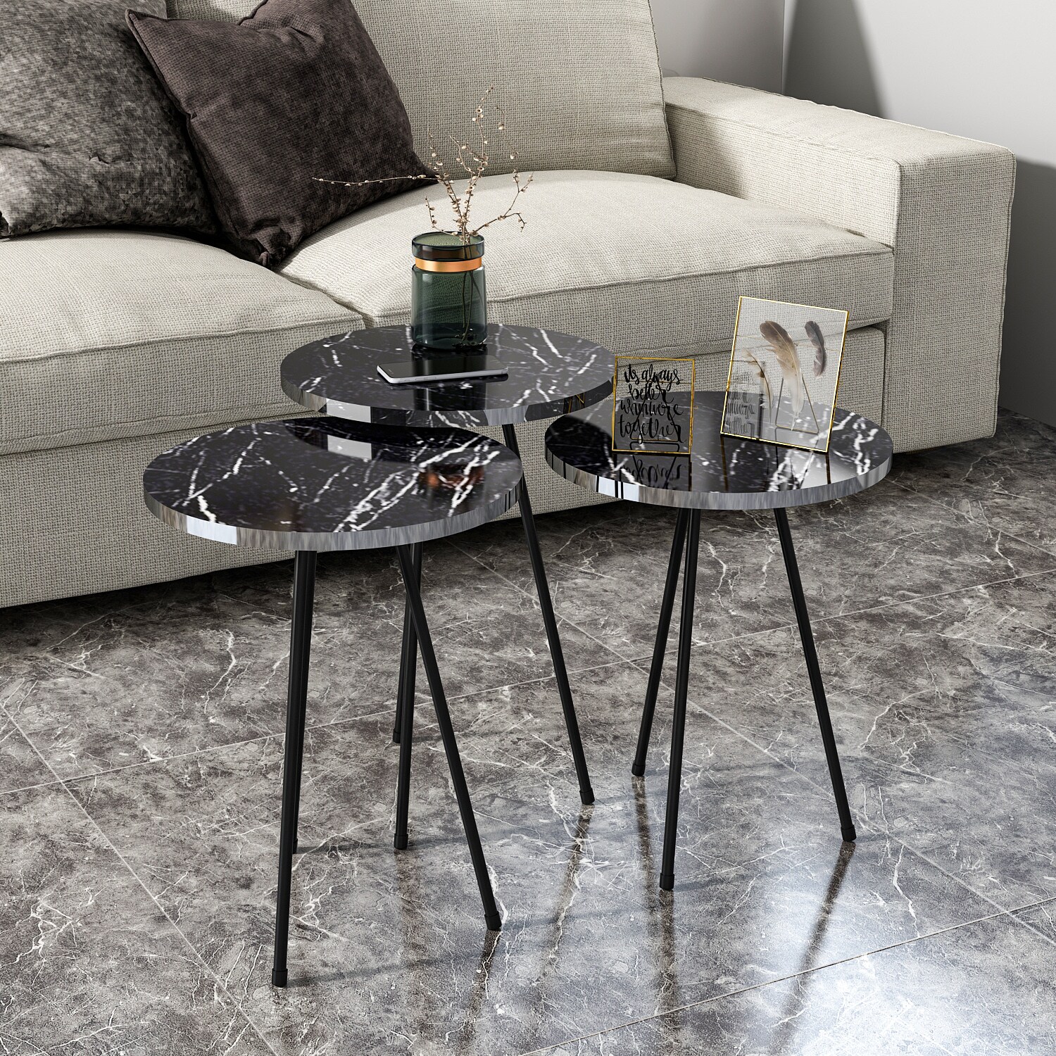 Beistelltisch 3er Set Marmoroptik Schwarz 21816184