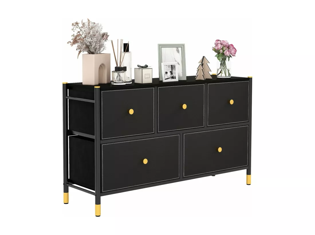 Commode Chambre, Commode Chambre Adulte 5 Tiroirs en Cuir PU et Tissu Pliable, Cadre en Métal, Chiffonnier Moderne avec Poignée Doré, Commode Rangement pour Salon, Entrée, Noir (5 Tiroirs)