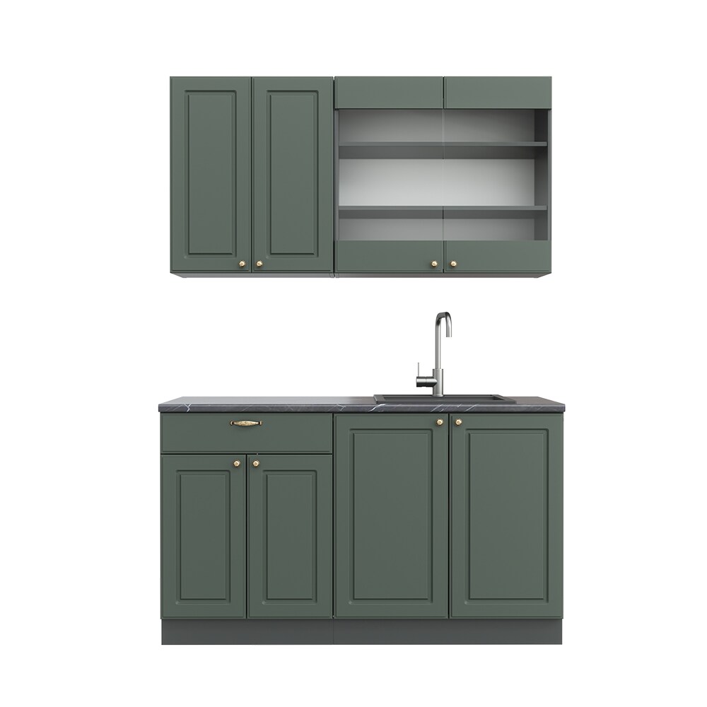 Vicco Küchenzeile Küchenblock Einbauküche Fame-Line Single Landhaus Anthrazit Grün Gold 140 cm modern Küchen Schränke Spülenunterschrank Schubunterschrank Hängeschrank Hängeglasschrank