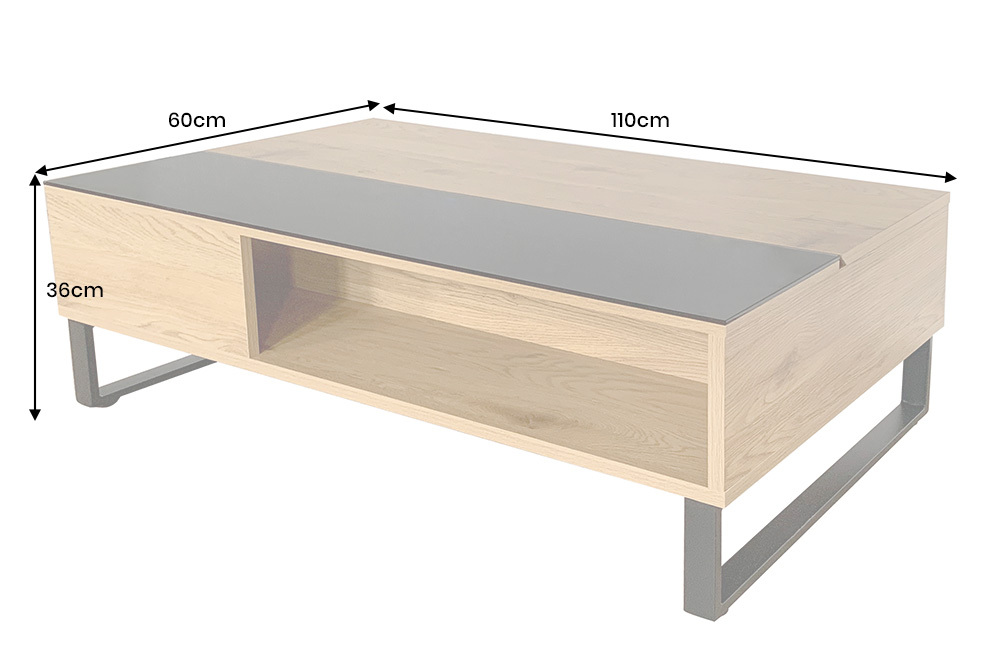 Höhenverstellbarer Couchtisch APARTMENT 110cm natur Eiche schwarz Metall Stauraum