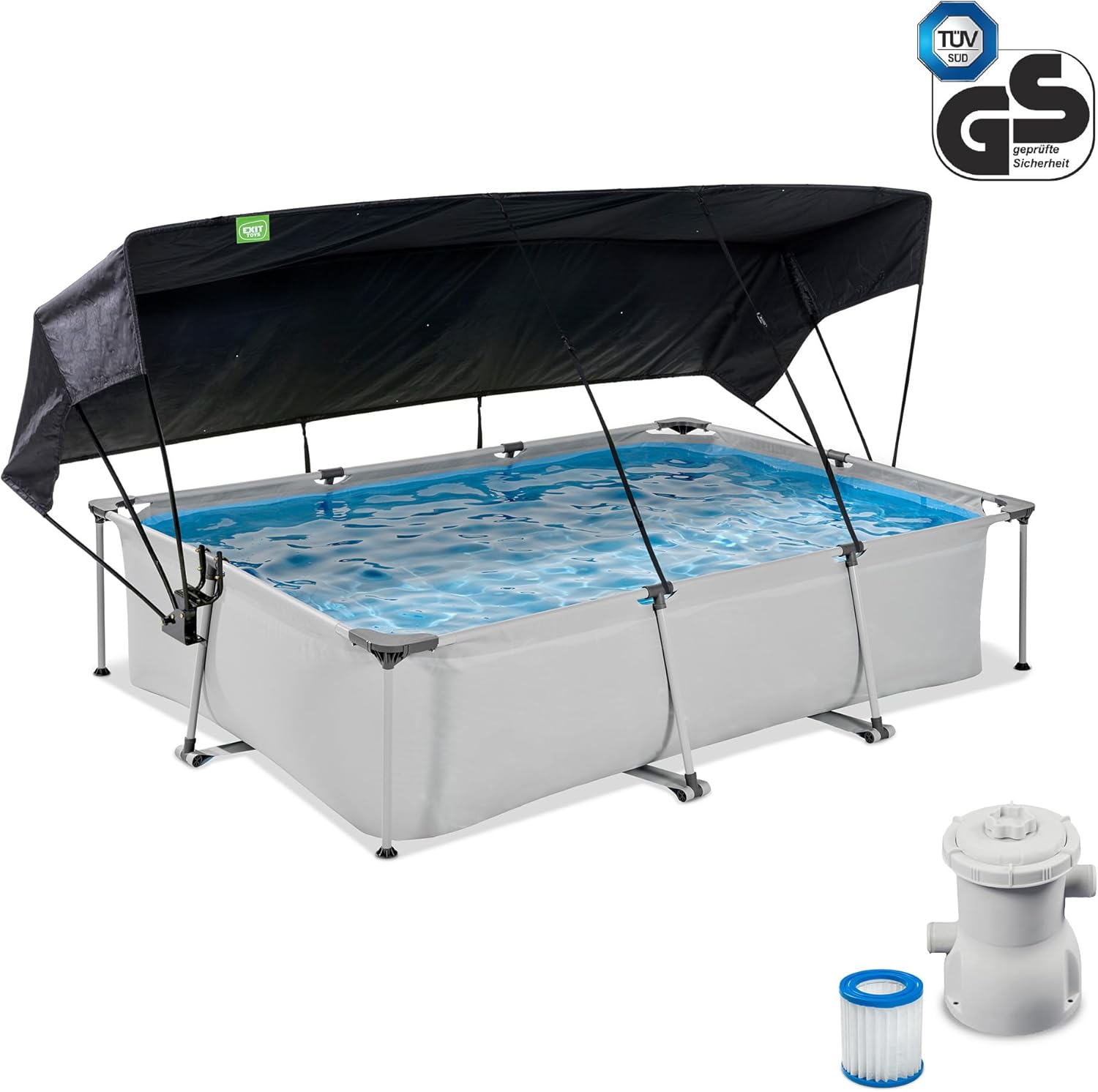 EXIT Toys Soft Grey Pool mit Sonnensegel - 300x200x65cm - Rechteckiger, Kompakter Rahmenpool mit Kartuschenfilterpumpe - Optimaler UV-Schutz - Leicht Zugänglich - Einzigartiges Design - Grau