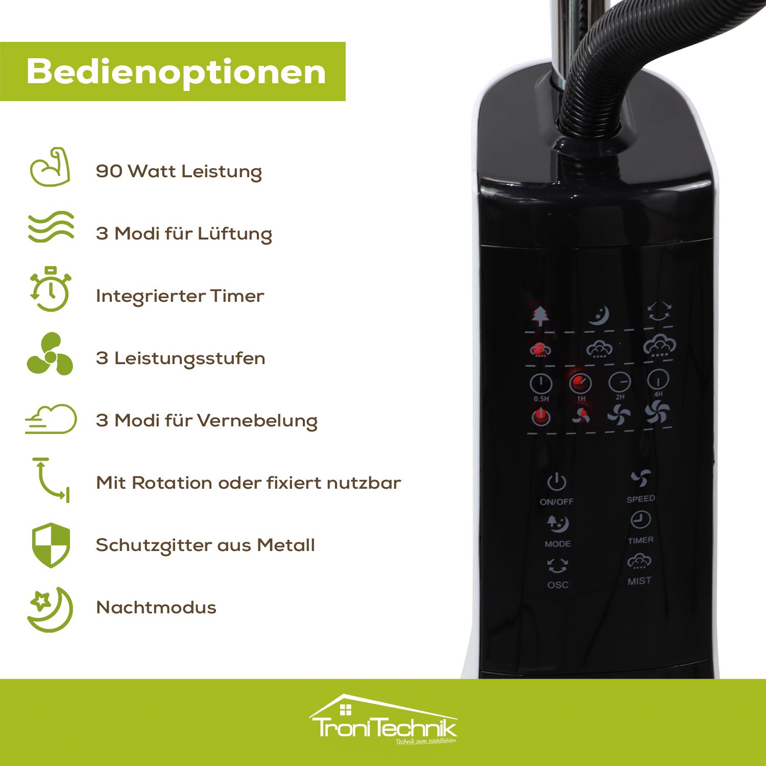 TroniTechnik® Standventilator mit Wasserkühlung, Sprühnebel Raumbefeuchter, Fernbedienung, Oszillierend, 3 Stufen, Timer