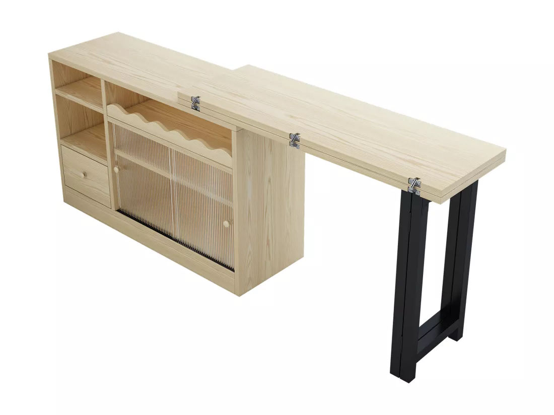 Meuble de bar、Buffet avec table pliante escamotable - grand espace de rangement - Naturel & Noir