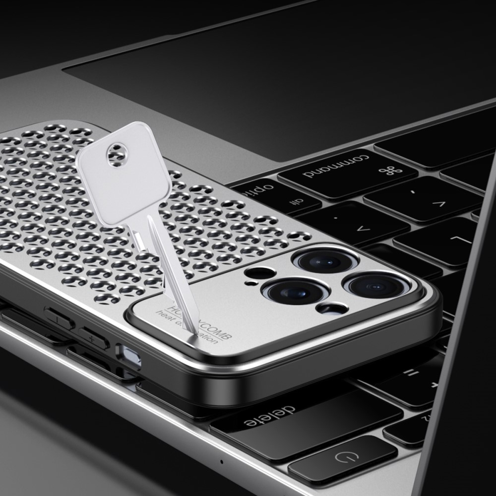 iPhone 15 Pro Hybrid Hardcase Hülle im Mac Pro Design mit Kameraschutz - Grau