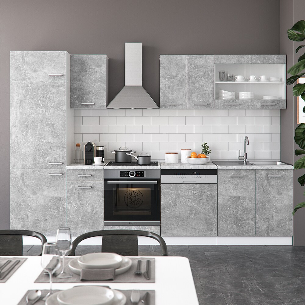 VICCO KÜCHE R-LINE 300 CM KÜCHENZEILE KÜCHENBLOCK EINBAUKÜCHE BETON MIT ARBEITSPLATTEN