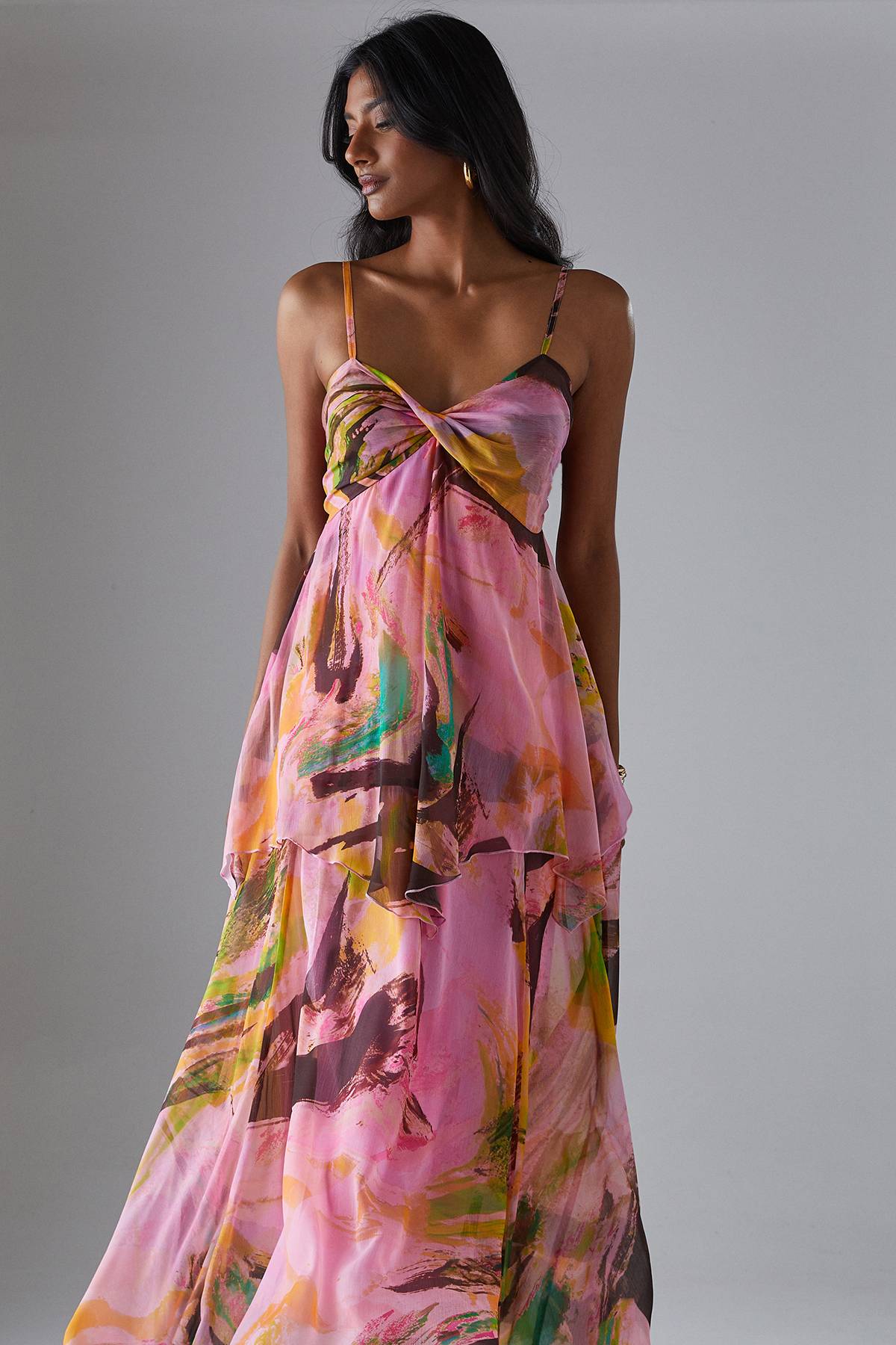 Warehouse Robe Longue Bustier À Double Couche Asymétrique En Mousseline