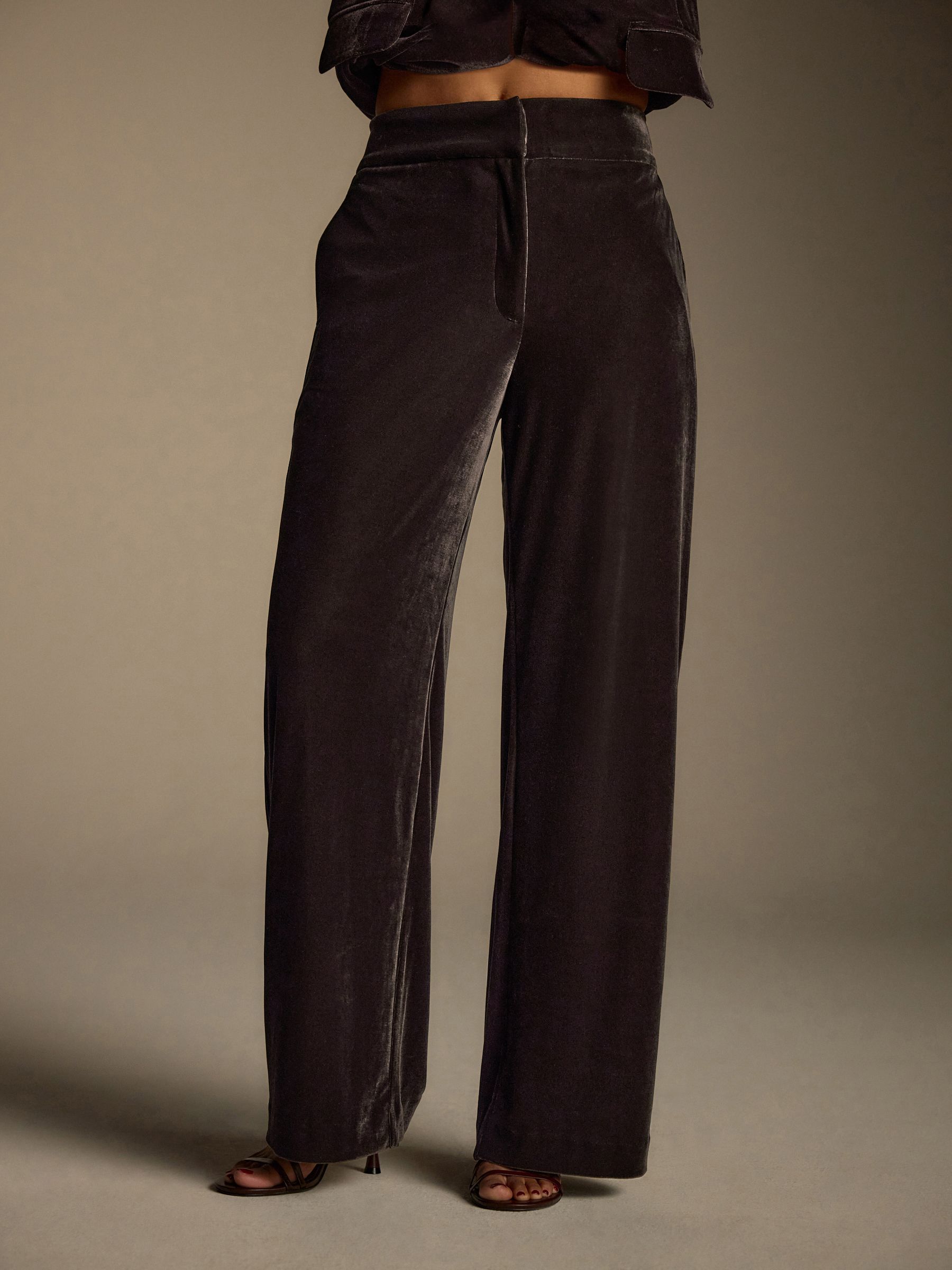 Chocoladebruin - Velvet Elastic Back Wide Leg Trousers