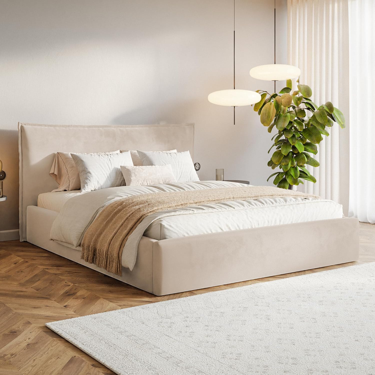 Leno Bett 200x200 Beige Samt, mit Stauraum, mit Kopfteil, mit Lattenrost, ohne Füße, ohne Matratze, Polsterbett 200x200 mit Bettkasten Beige (Creme)