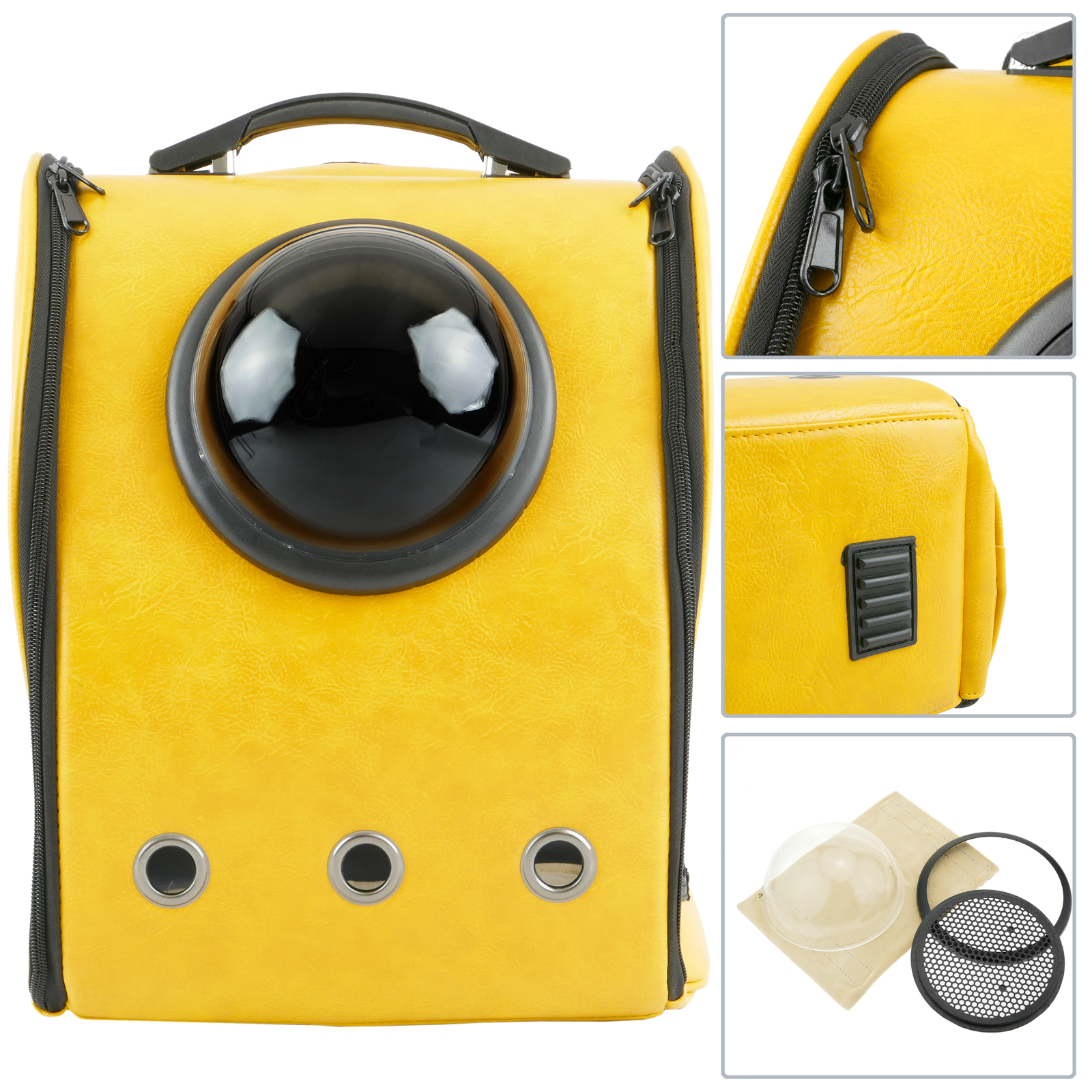 Mochila transportadora para animais de estimação, para cães e gatos, em couro sintético, amarela.