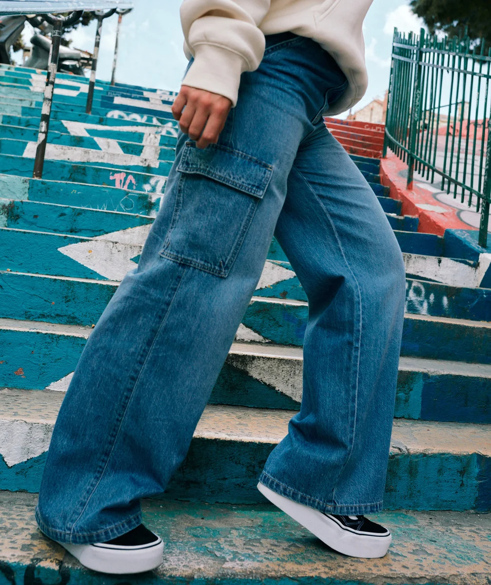 PANTALON CARGO FILLE EN DENIM BLEU LOW IMPACT