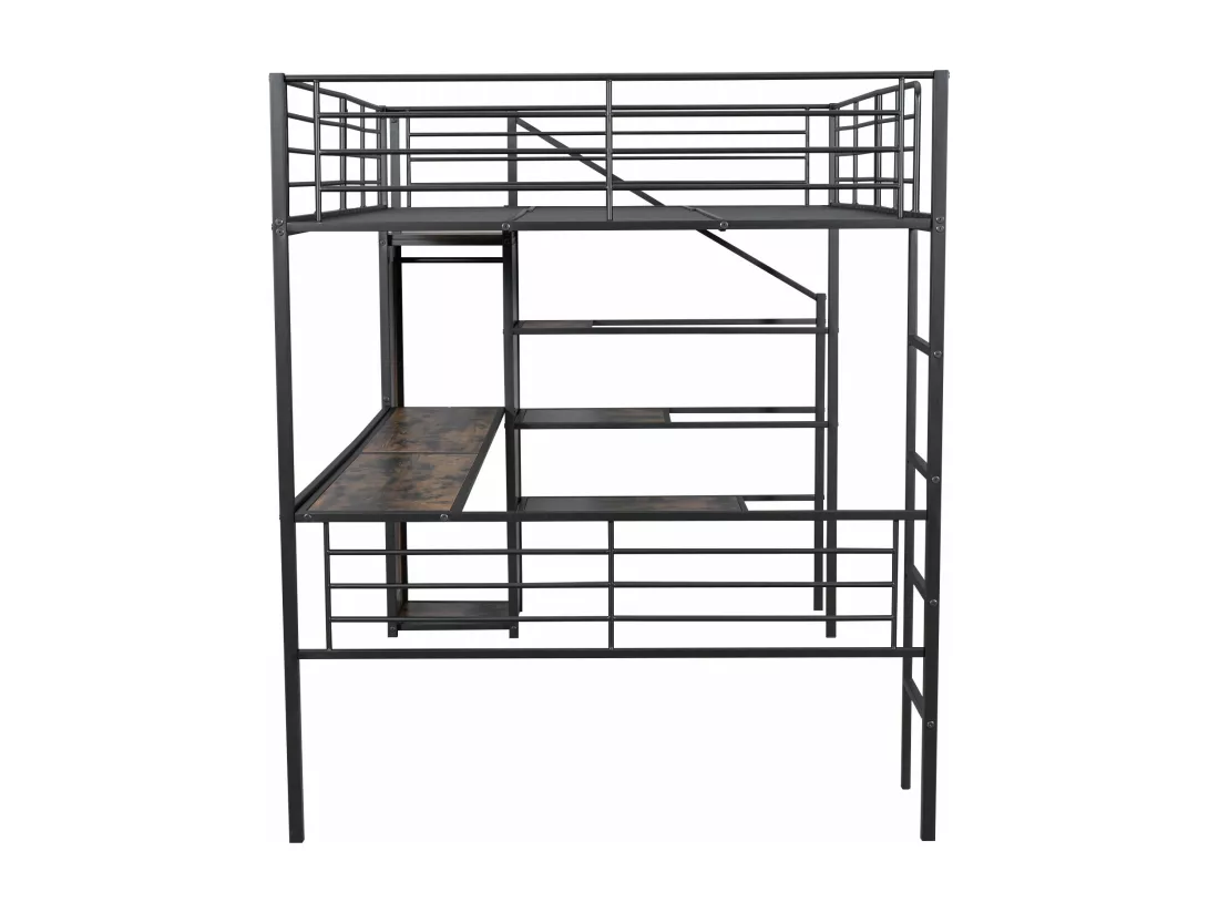 Lit mezzanine 140 x 200 cm avec bureau, armoire et marches de rangement - Métal + MDF - Noir (sans matelas)