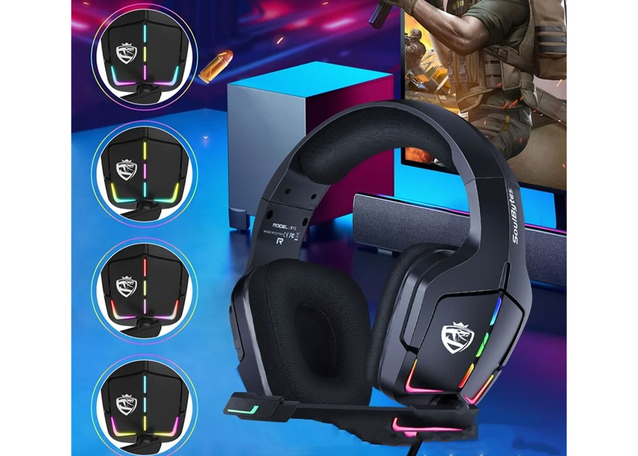 Gaming Kopfhörer Over-Ear LED Stereo Headset für PC / PS4 / PS5 kabelgebunden mit Mikrofon   3.5mm Klinke - Schwarz