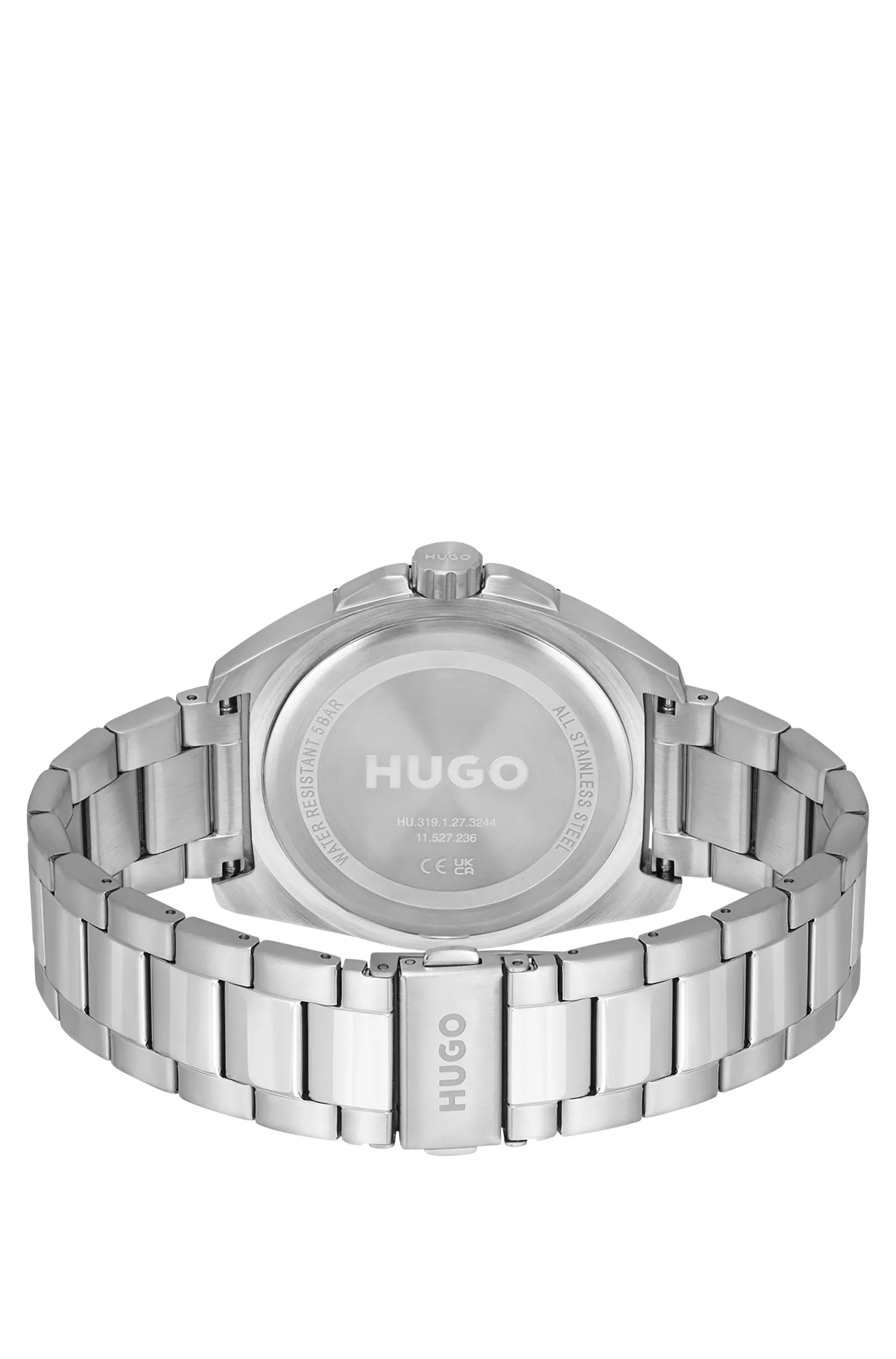 Relógio HUGO em tons de vermelho e prata com pulseira de elos.