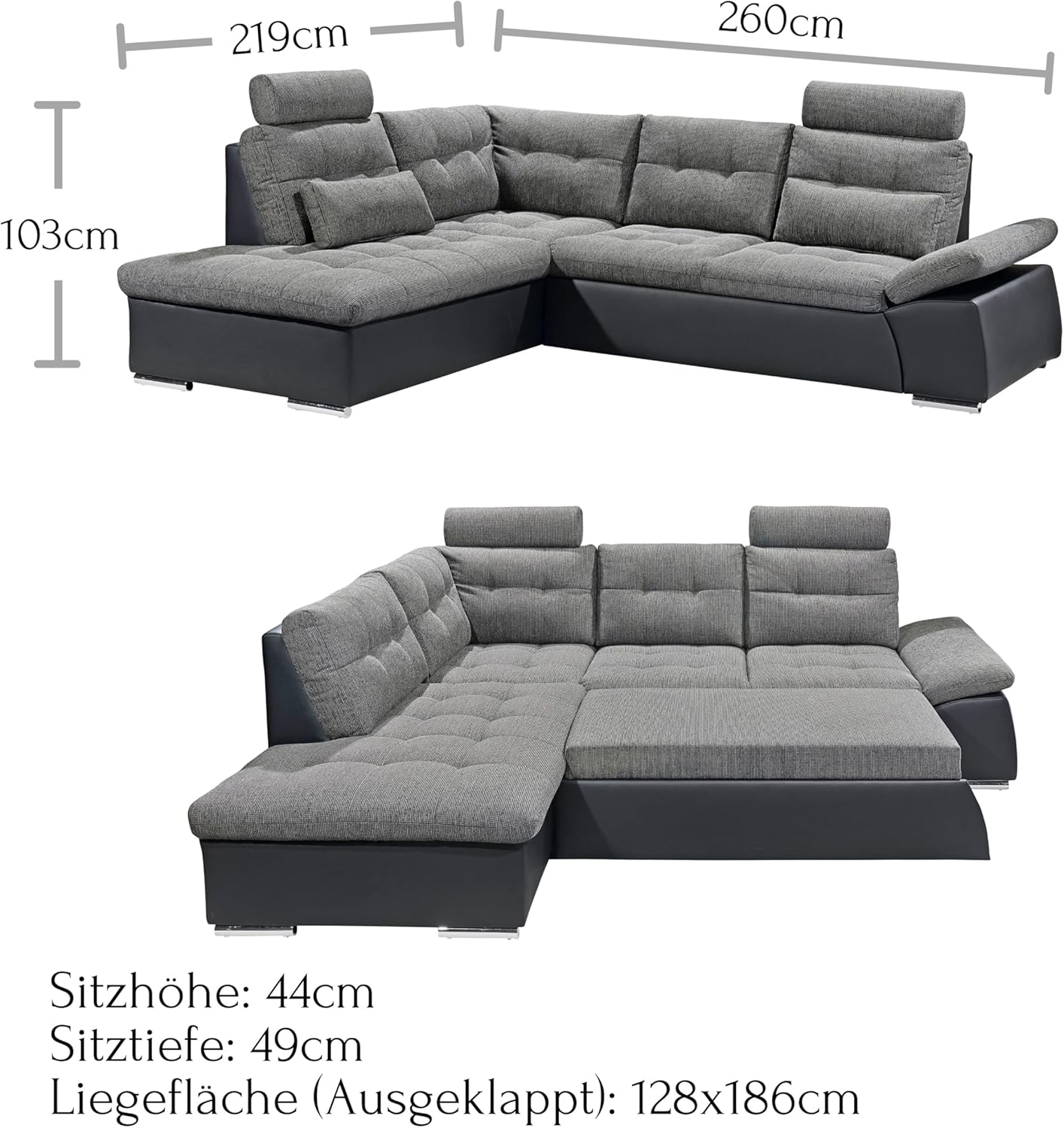 JAKARTA Ecksofa mit Schlaffunktion in Lederoptik, Dunkelgrau / Anthrazit - Moderne Eckcouch in L-Form mit verstellbaren Armlehnen - 260 x 103 x 219 cm (B/H/T)