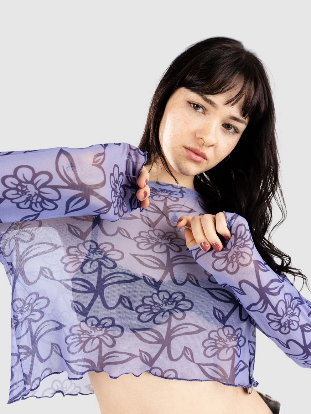 Santa Cruz Delfino Flower Mesh Crop Long Sleeve T-Shirt blue/dark blue