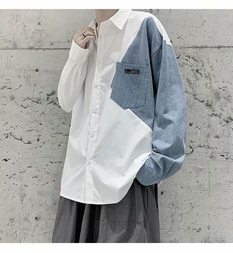 Kantereld - Lange mouwen patchwork gewassen denim overhemd met knopen