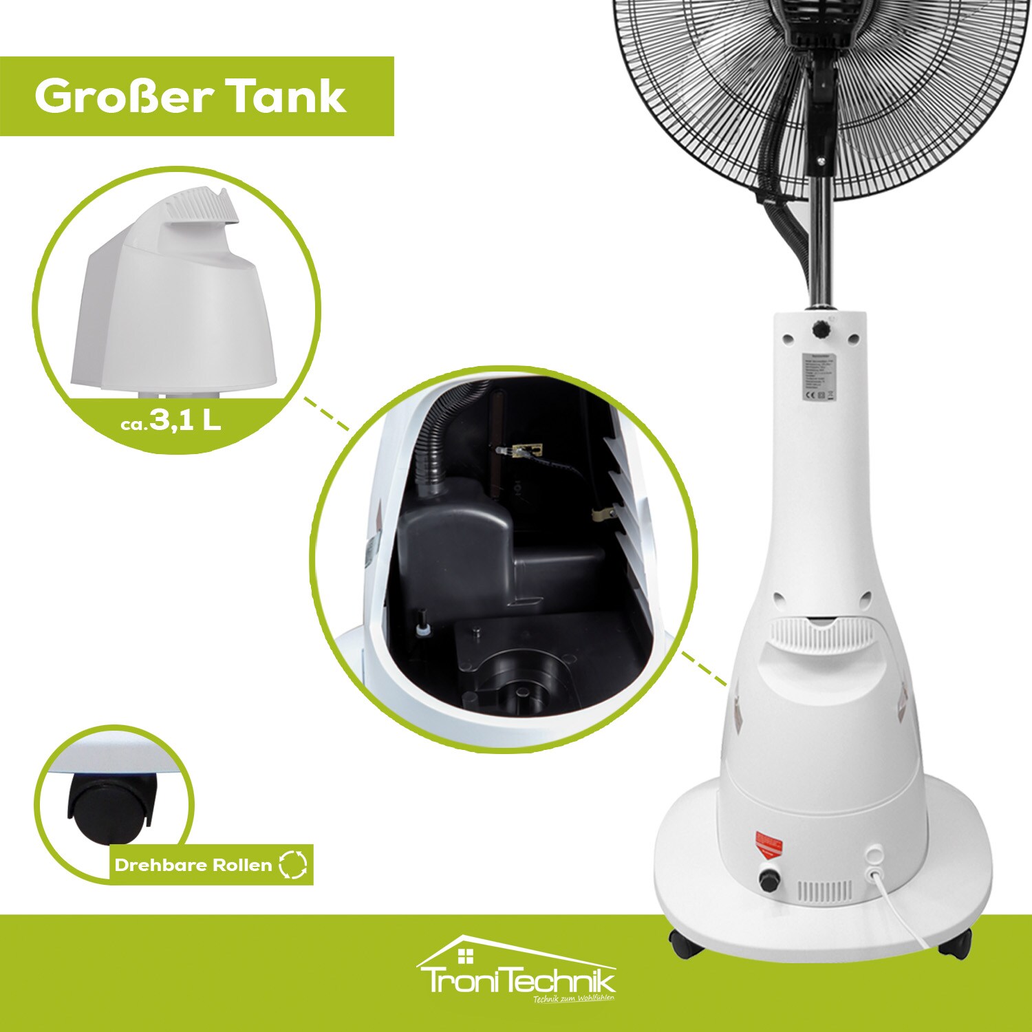 TroniTechnik® Standventilator mit Wasserkühlung, Sprühnebel Raumbefeuchter, Fernbedienung, Oszillierend, 3 Stufen, Timer