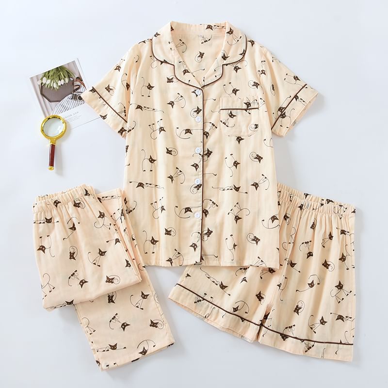 Dogini - Bijpassende pyjamaset voor koppels: top met korte mouwen en kattenprint + broek + shorts (verschillende ontwerpen)